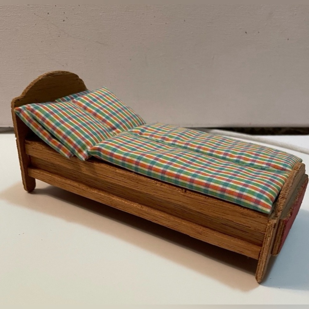 Antique Vintage 60s Dollhouse Wooden Doll bed with attached pillows and bed toy